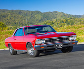 AUT 22 BK0099 01
1966 Chevrolet Chevelle SS 396 Red 3/4 Front View On Pavement By Hills