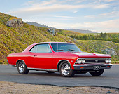 AUT 22 BK0100 01
1966 Chevrolet Chevelle SS 396 Red 3/4 Side View On Pavement By Hills