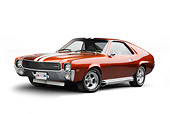 AUT 22 BK0104 01
1969 AMC AMX Candy Tangerine With White Stripes 3/4 Front View On White Seamless