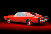 AUT 22 BK0107 01
1969 Dodge Charger R/T Hemi Bright Red 3/4 Rear View In Studio