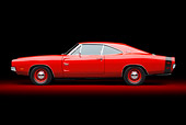 AUT 22 BK0108 01
1969 Dodge Charger R/T Hemi Bright Red Profile View In Studio