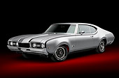 AUT 22 BK0120 01
1968 Oldsmobile Hurst/Olds Silver With Black Stripes 3/4 Front View In Studio