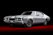 AUT 22 BK0121 01
1968 Oldsmobile Hurst/Olds Silver With Black Stripes 3/4 Front View In Studio