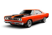 AUT 22 BK0124 01
1969 Plymouth GTX Orange With Black Stripes 3/4 Front View On White Seamless