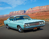AUT 22 BK0129 01
1969 Ford Torino GT Aqua Blue 3/4 Front View On Road In Desert