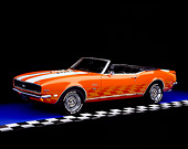 AUT 22 RK0117 02
1968 Chevrolet Camaro 350 RS/SS Convertible Orange White Stripes 3/4 Side View On Checkered Line Studio