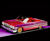 AUT 22 RK1085 03
1963 Chevy Impala Lowrider Brandy Wine And Extreme Rainbow 3/4 Side View On Purple Floor Gray Line