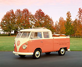 AUT 22 RK1282 03
1967 Volkswagen Crew Cab With Sunroof Peach And White 3/4 Front View On Pavement By Grass And Fall Trees