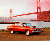 AUT 22 RK1449 04
1967 Plymouth Barracuda Hemi Orange And Black 3/4 Side View On Dirt By SF Bridge