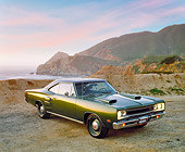 AUT 22 RK1501 02
1969 Dodge Hemi Coronet RT Green 3/4 Front View On Sand By Ocean And Rocks Filtered