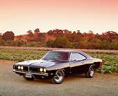 AUT 22 RK1545 06
1969 Dodge Charger RT Black Front 3/4 View On Dirt By Crop Field Filtered