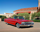 AUT 22 RK1582 02
1963 Ford Galaxie 500XL Red Convertible 3/4 Front View On Pavement By Building And Trees