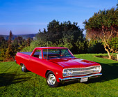 AUT 22 RK1678 02
1965 Chevy El Camino Red Front 3/4 View On Grass By Trees Blue Sky