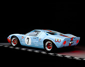 AUT 22 RK1709 07
1968 Ford GT40 Light Blue And Orange FAV Car 3/4 Rear View On Checkered Line Studio