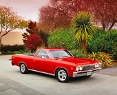 AUT 22 RK1883 03
1967 Chevrolet El Camino Red 3/4 Front View On Pavement By Trees Filtered