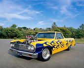 AUT 22 RK1965 02
1964 Chevy El Camino Custom Yellow Purple Flames 3/4 Front View On Pavement Trees Blue Sky
