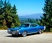 AUT 22 RK2175 03
1969 Dodge Coronet R/T Blue Front 3/4 View On Pavement By Trees