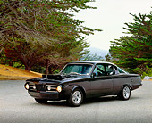 AUT 22 RK2214 02
1965 Plymouth Barracuda Black 3/4 Side View On Pavement By Trees