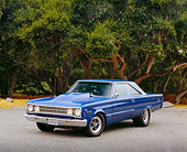 AUT 22 RK2220 02
1967 Plymouth Belvedere Blue 3/4 Front View On Pavement By Trees