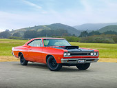 AUT 22 RK2802 01
1969 1/2 Dodge Super Bee Red 3/4 Front View On Pavement By Hills