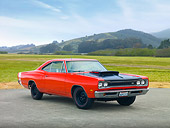 AUT 22 RK2803 01
1969 1/2 Dodge Super Bee Red 3/4 Front View On Pavement By Hills