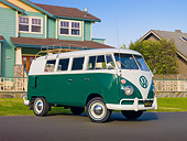 AUT 22 RK2806 01
1964 Volkswagen Kombi Bus Green And White 3/4 Front View On Pavement By House