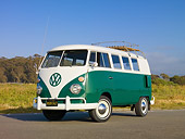 AUT 22 RK2807 01
1964 Volkswagen Kombi Bus Green And White 3/4 Front View On Pavement By Grass