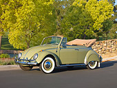 AUT 22 RK2808 01
1965 Volkswagen Beetle Cabriolet Green 3/4 Front View On Pavement By Stone Wall And Trees
