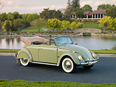 AUT 22 RK2815 01
1965 Volkswagen Beetle Cabriolet Green 3/4 Front View On Pavement By Pond