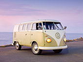 AUT 22 RK2841 01
1964 Volkwagen EZ Camper Mango Green And White 3/4 Front View On Pavement By Ocean