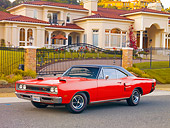 AUT 22 RK2869 01
1969 Dodge Coronet R/T Red 3/4 Front View On Pavement By House