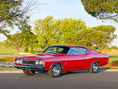 AUT 22 RK2901 01
1969 Ford Torino 428 Cobra Jet Red 3/4 Front View On Pavement By Trees