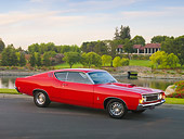 AUT 22 RK2906 01
1969 Ford Torino 428 Cobra Jet Red 3/4 Front View On Pavement By Lake