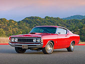 AUT 22 RK2910 01
1969 Ford Torino 428 Cobra Jet Red 3/4 Front View On Pavement By Hills