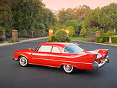 AUT 22 RK2921 01
1960 Plymouth Savoy Red 3/4 Rear View On Pavement By Trees And Gate