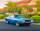 AUT 22 RK2930 01
1969 Dodge Hemi Charger 500 Blue 3/4 Front View On Pavement By Mansion