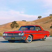 AUT 22 RK2944 01
1964 Dodge Polara 500 Convertible Red 3/4 Front View On Pavement By Hills