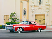 AUT 22 RK2945 01
1964 Dodge Polara 500 Convertible Red 3/4 Front View On Pavement By Building