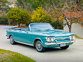 AUT 22 RK2982 01
1964 Chevrolet Corvair Monza Convertible Green 3/4 Front View On Pavement By Trees