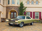 AUT 22 RK2984 01
1969 Plymouth GTX Ice Green 3/4 Front View On Brick By House