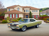 AUT 22 RK2986 01
1969 Plymouth GTX Ice Green 3/4 Front View On Pavement By House