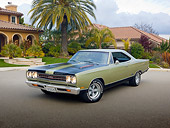 AUT 22 RK2987 01
1969 Plymouth GTX Ice Green 3/4 Front View On Pavement By House
