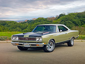 AUT 22 RK2988 01
1969 Plymouth GTX Ice Green 3/4 Front View On Road By Trees