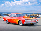 AUT 22 RK2989 01
1965 Plymouth Belvedere Red With Flames 3/4 Front View On Pavement By Ocean
