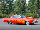 AUT 22 RK2992 01
1965 Plymouth Belvedere Red With Flames 3/4 Side View On Pavement With Trees