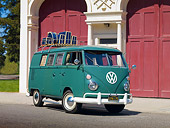 AUT 22 RK3016 01
1967 VW Type II S042 Microbus Velvet Green 3/4 Front View On Pavement By Old Fire Station