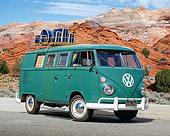 AUT 22 RK3017 01
1967 VW Type II S042 Microbus Velvet Green 3/4 Front View On Pavement By Old Fire Station
