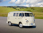 AUT 22 RK3019 01
1966 VW Sundial Camper Pearl White 3/4 Front View On Pavement By Grassy Hill