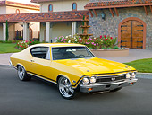 AUT 22 RK3031 01
1968 Chevrolet Chevelle SS 396 Yellow 3/4 Front View On Pavement By House