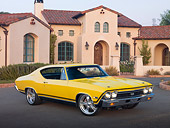 AUT 22 RK3035 01
1968 Chevrolet Chevelle SS 396 Yellow 3/4 Front View On Pavement By House